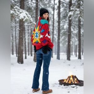 Giacca by Young Gallery - L, red sweater coat, southwest style star pattern